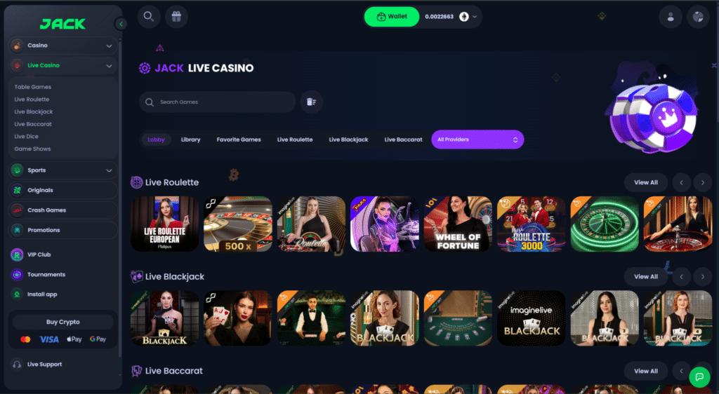 Jack.com live casino with dealer tables