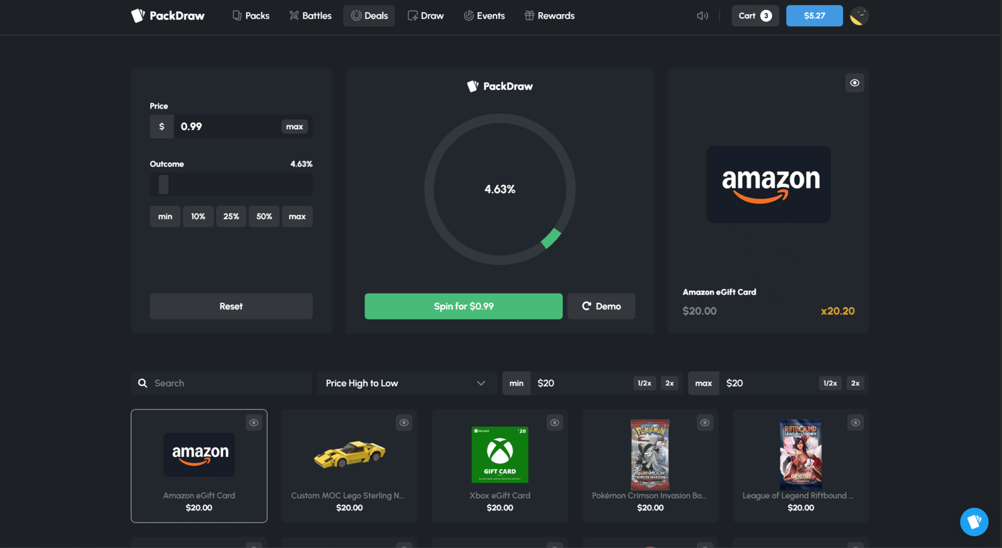 Packdraw Deals upgrader mode where players gamble an item for a higher-value one