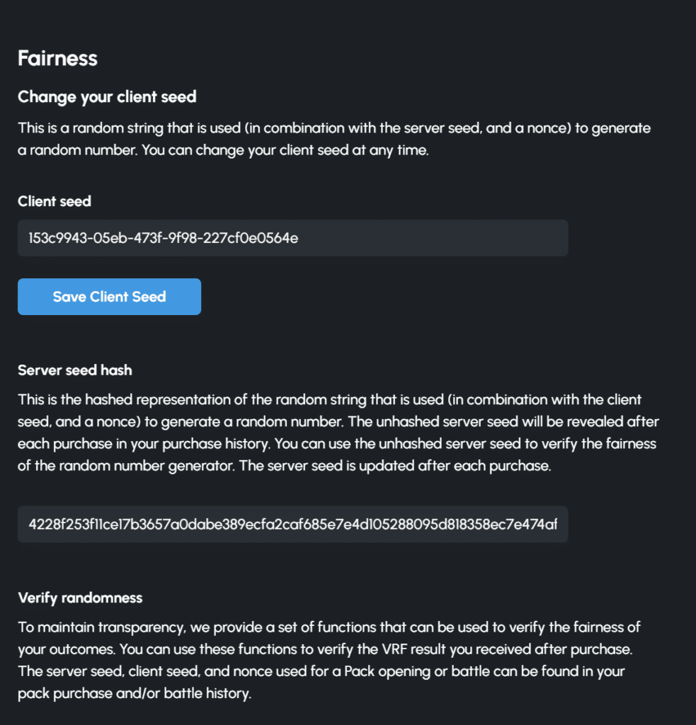 Packdraw provably fair system showing server seed and hash verification for packs