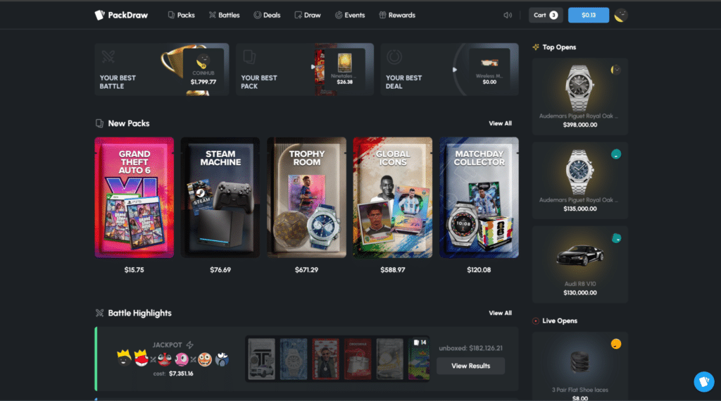 Packdraw review homepage showing the mystery box pack catalog and real-item prizes
