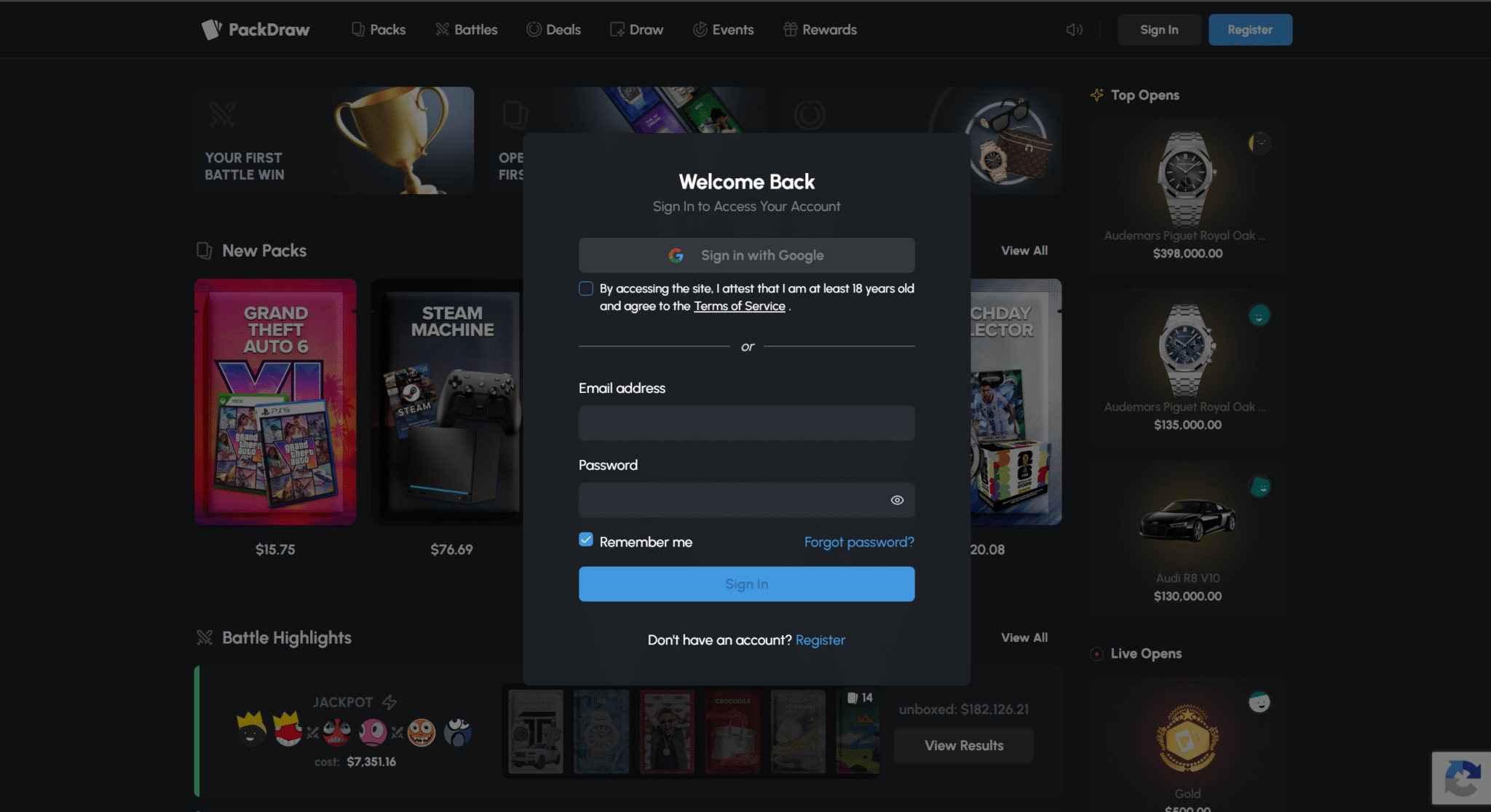 Packdraw login and sign up screen for creating a mystery box account