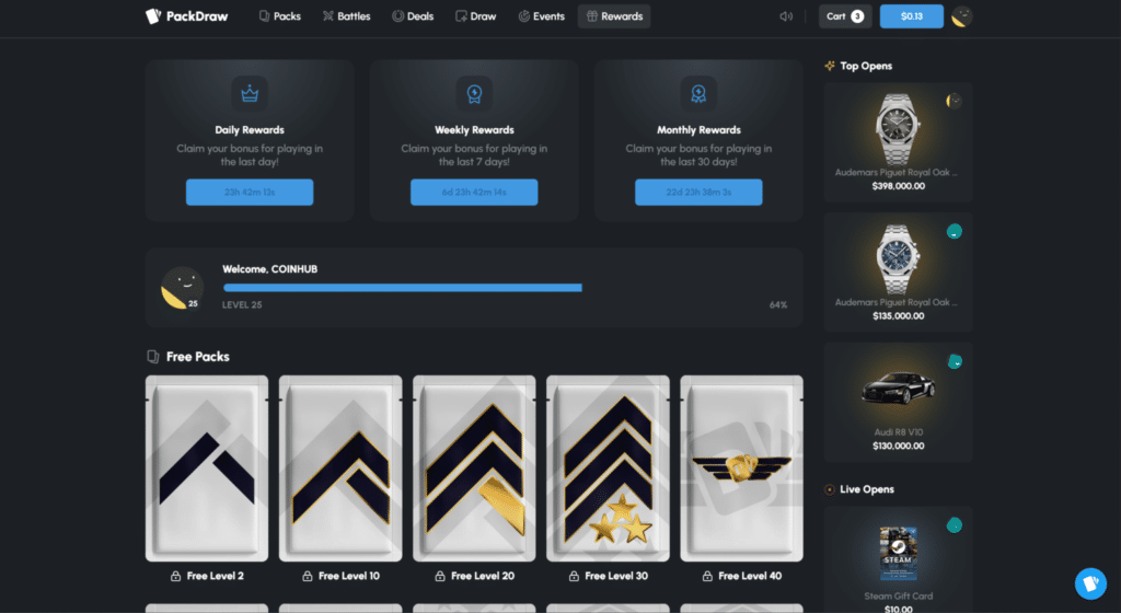 Packdraw rewards and level progression page with unlockable bonuses