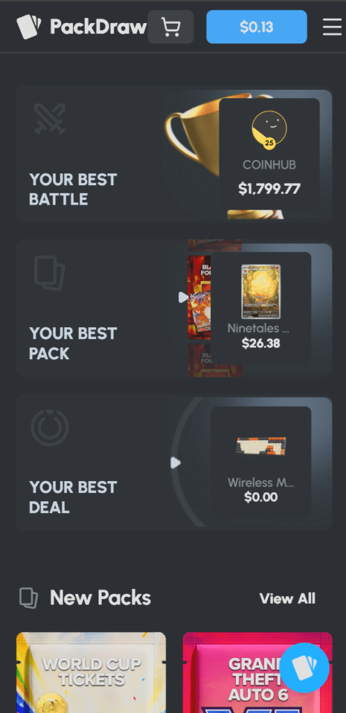 Packdraw mobile site showing pack browsing and battles on a phone