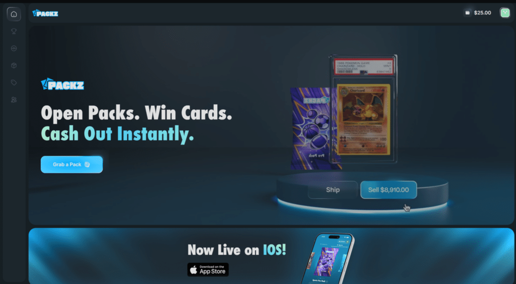 Packz.io review homepage showing sports and Pokemon graded card packs