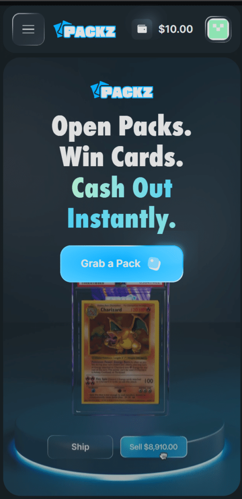 Packz.io mobile site showing card pack browsing on a phone screen