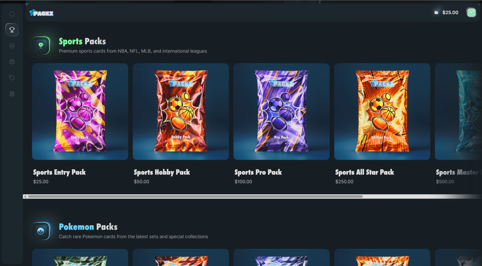 Packz.io review pack selection showing seven price points for card rips