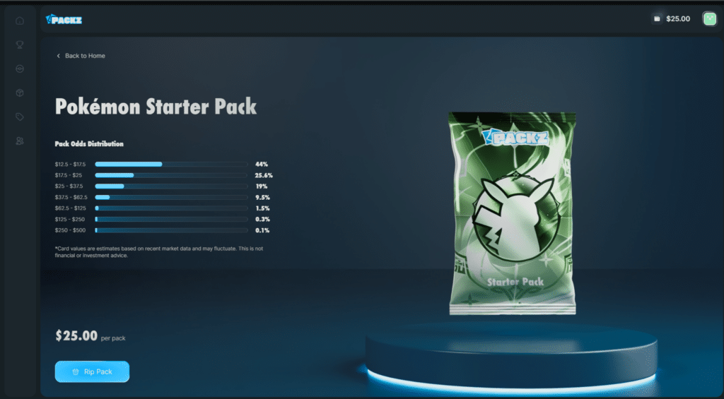 Packz.io Pokemon pack showing a graded trading card reveal