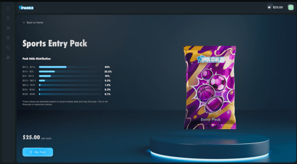 Packz.io sports pack showing a graded NBA or NFL trading card