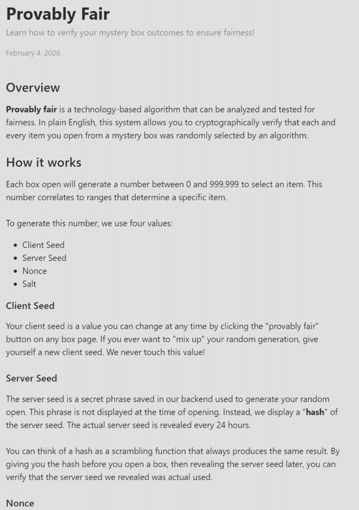 Boxed.gg provably fair system showing client seed, server seed, and hash verification