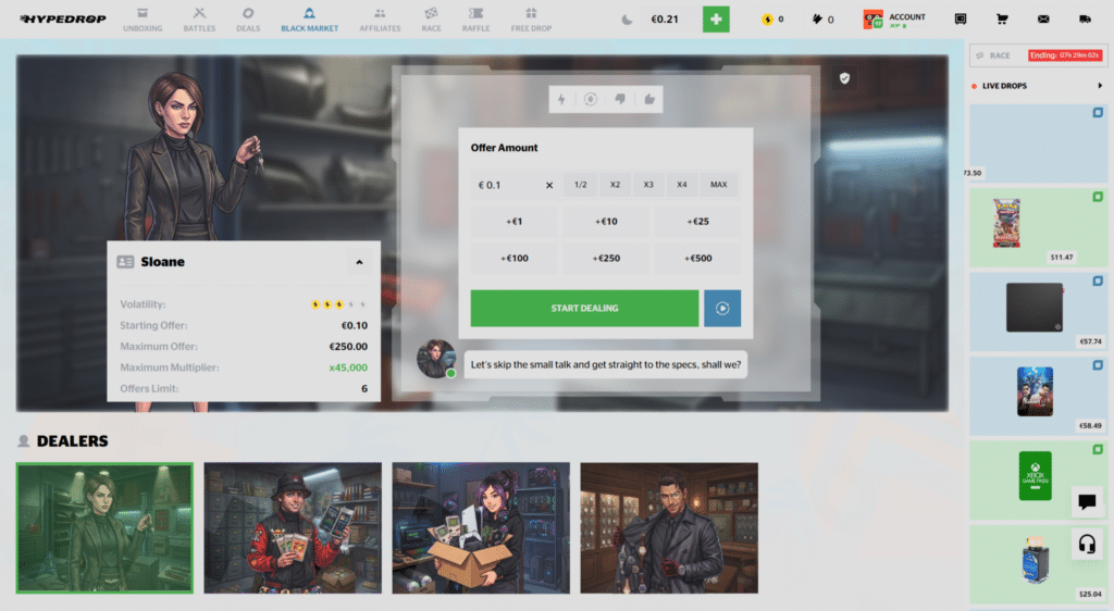 HypeDrop review Black Market mode with four dealers and stop-or-continue gamble