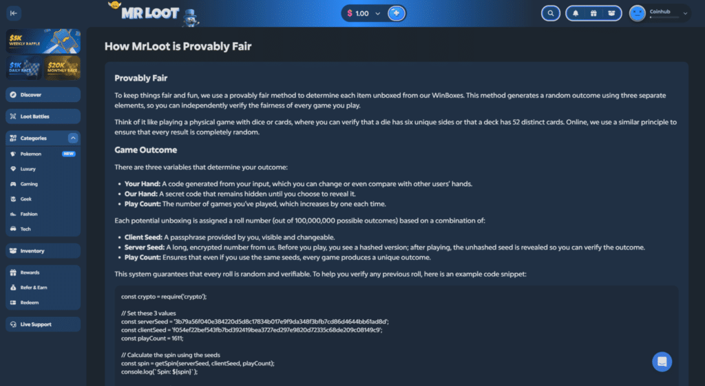 Mrloot provably fair system showing client seed and server seed verification