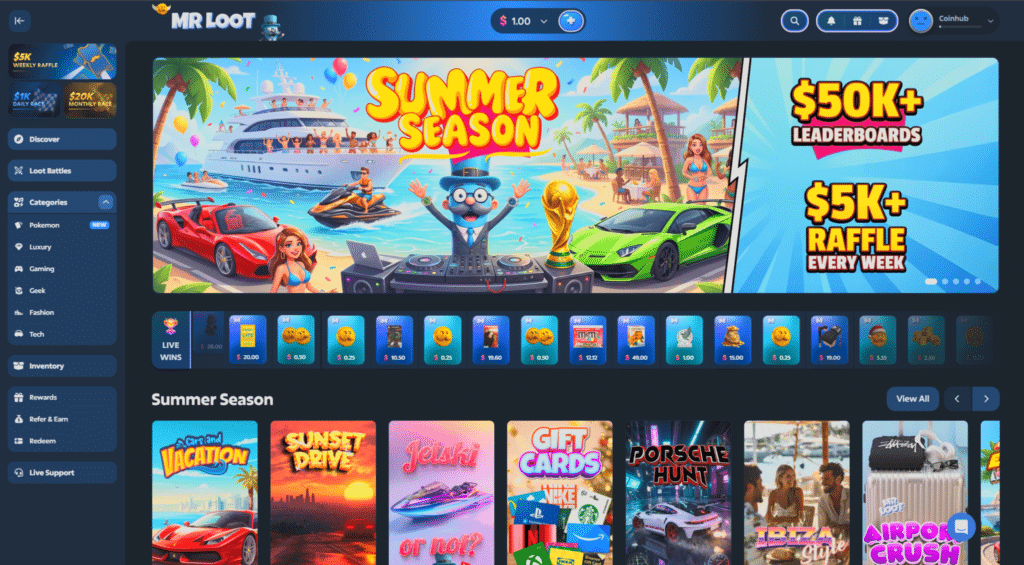 MrLoot review homepage showing WinBoxes across luxury, gaming, and tech