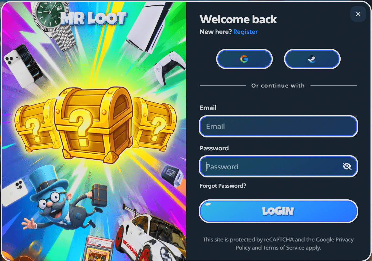 MrLoot login and sign up screen for creating a mystery box account