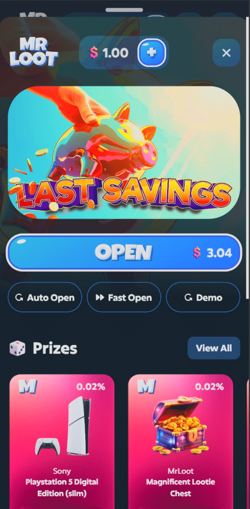 MrLoot mobile site showing WinBox browsing on a phone screen
