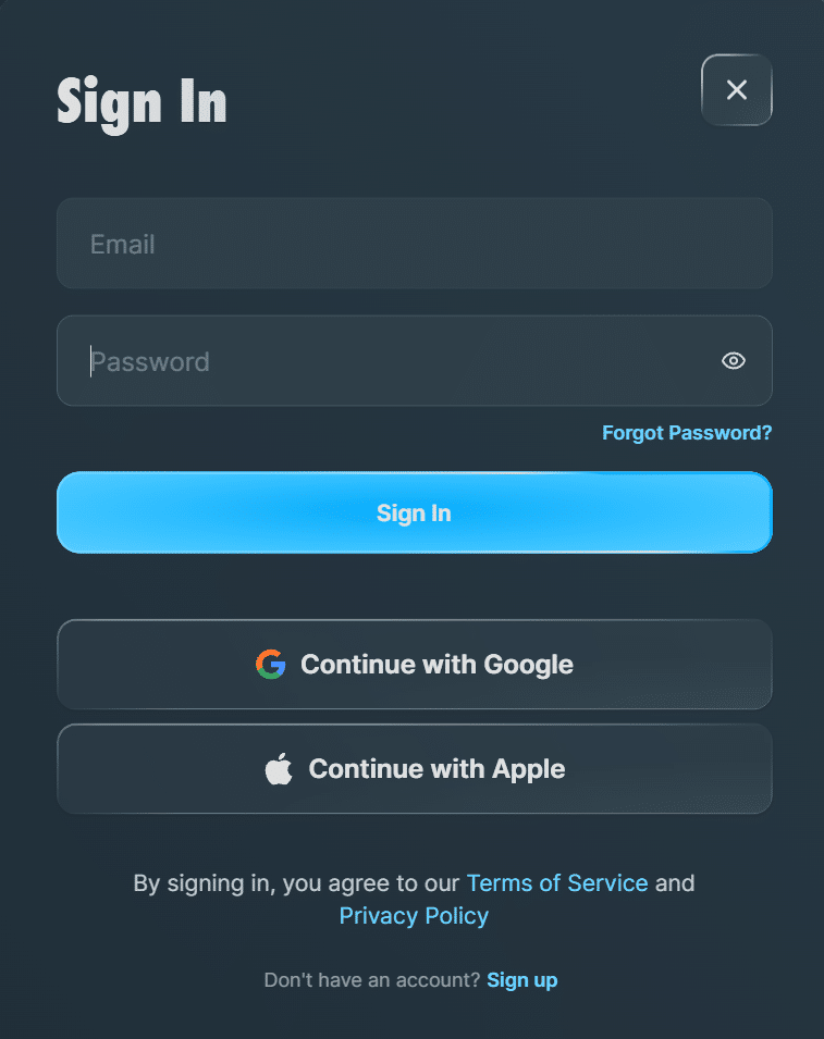 Packz.io login and sign up screen with email, Google, and Apple options